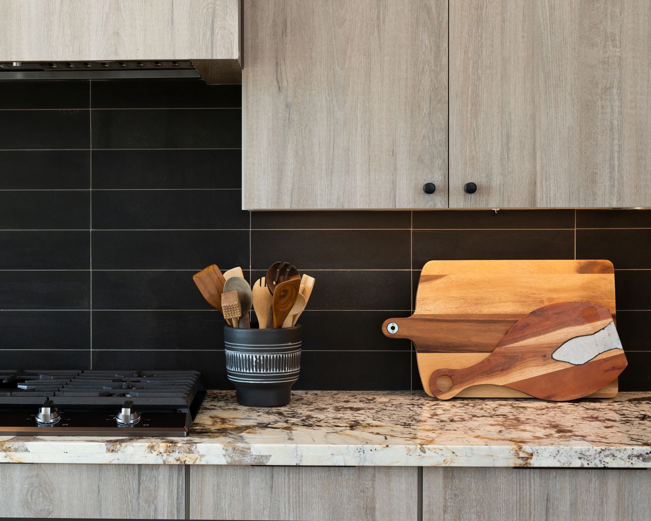 kitchen counter with cutting board